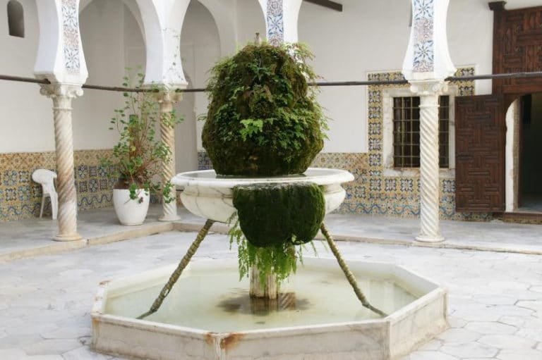 A stone fountain basin in a courtyard, the arcade running behind it.